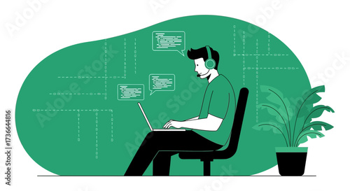 Coder Concentrates Working On Laptop With Code Sprinkled Around Surrounded By Green Elements