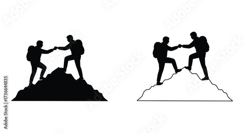 Silhouettes of people helping each other climb steep hills teamwork concept