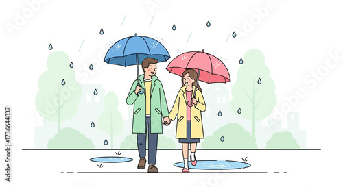 Couple enjoying a walk in the rain under umbrellas, enjoying a moment of love and togetherness