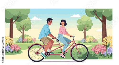 Couple enjoying a tandem bike ride in a park with vibrant flowers and trees