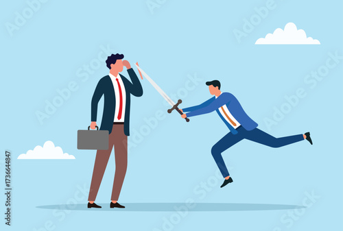 Vector illustration of a businessman with a long nose being cut by another man using a sword, symbolizing exposing lies, fighting dishonesty, revealing truth, justice, and business ethics
