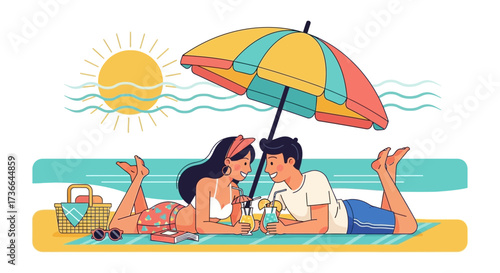 Couple Enjoying Beach Vacation, Relaxing Under Umbrella, Drinking Cocktails, Sunny Day Seaside