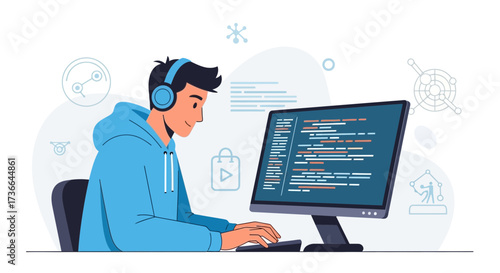 Coding illustration showing a programmer working on software development vector design