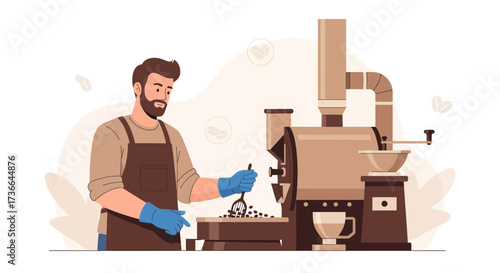Coffee Artisan Roasting Beans, Manufacturing Coffee in a Modern Industrial Machine Artisan