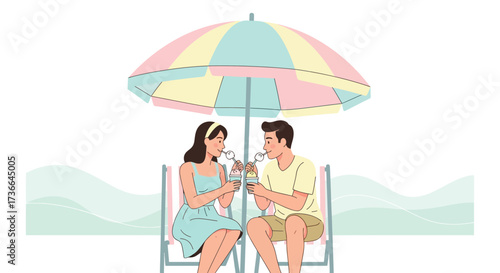 Couple Enjoying Iced Treats Under Parasol at Seaside in Summer's Warmth and Leisure