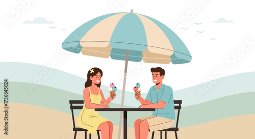 Couple Enjoying Ice Cream Together Under An Umbrella on a Sunny Day Vacation