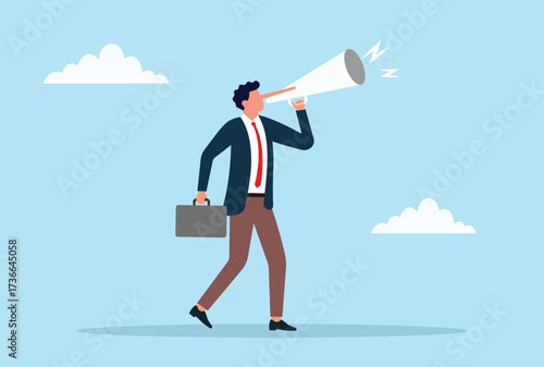 Vector illustration of a long nosed businessman announcing through a megaphone, symbolizing lies, deception, misinformation, false claims, and dishonesty
