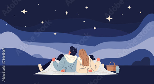 Couple Enjoying Night Under Starry Sky: Romantic Picnic Scene And Beautiful Evening