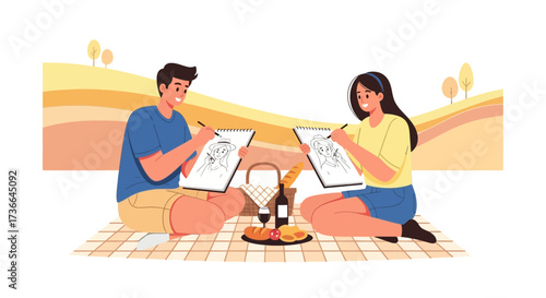 Couple Enjoying Picnic And Art, Together Sketching And Creating Art In A Beautiful Landscape