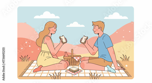 Couple Enjoying Picnic, Serene Landscape, Outdoor Dining, Leisurely Moment Shared Together