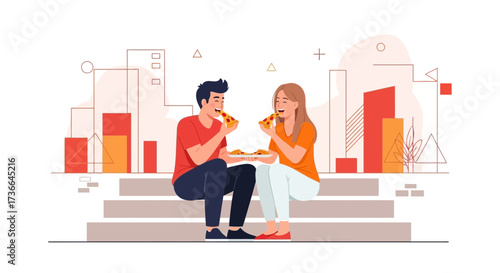 Couple Enjoying Pizza Together Outdoors While Laughing and Having A Wonderful Time