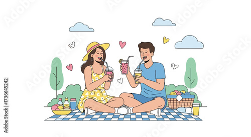 Couple Enjoying Refreshing Drinks During A Wonderful Picnic On Pleasant Summer Day