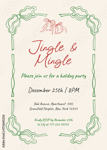 Hand-drawn Christmas invitation template for festive cocktail parties. Perfect for jingle and mingle events. Stylish, coquette design with festive elements
