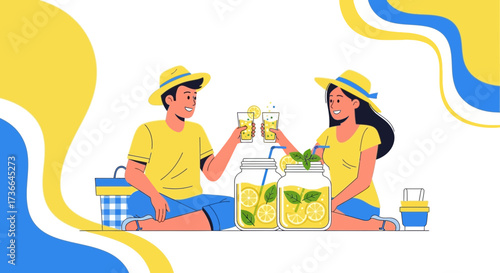 Couple Enjoying Refreshments During A Summer Picnic Experience And Smiling Together