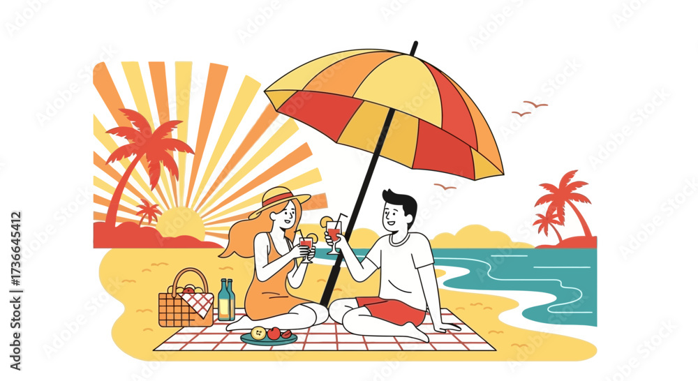 Fototapeta premium Couple Enjoying Vacation Moments: Sunshine, Beach Bliss, And Refreshing Cocktails Together