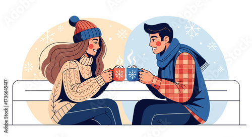 Couple enjoying warm drinks in wintertime and celebrating their relationship with joy