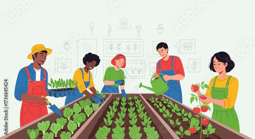 Community Garden: A Diverse Group Gardening and Caring for Crops Joyfully Working Together