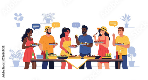 Community Gathering Illustration: Sharing Food, Conversation, and Moments of Connected Happiness