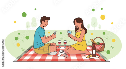 Couple Enjoys Picnic with Card Games in a Peaceful Park Setting