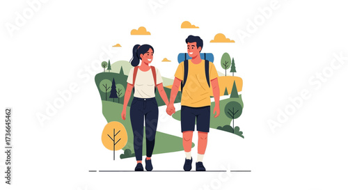 Couple hiking in nature holding hands, travel together and enjoying outdoor activity