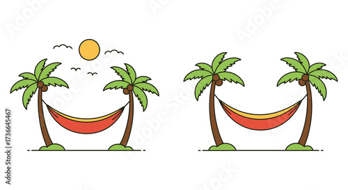 A peaceful illustration depicting two palm trees with colorful hammocks and sun