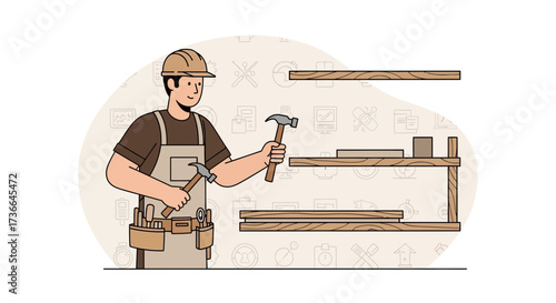 Competent Carpenter Constructs Shelving System with Tools in Hand, Ready for Assembly