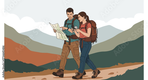 Couple hiking in the mountains looking at a map for their outdoor adventure
