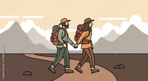 Couple hiking in the mountains, illustration of a couple walking holding hands adventure