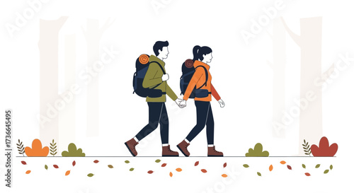 Couple hiking in the woods, cartoon illustration with backpacks and autumn foliage
