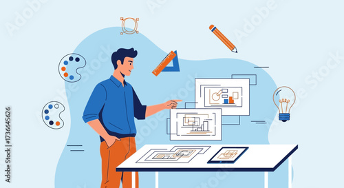 Concept Illustration Of A Designer Working On Various Visual Projects