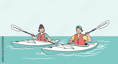 Couple kayaking together on the water having fun during the summer vacation
