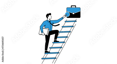 Concept Of Businessperson Climbing Career Ladder Reaching For Success, Achievement, And Goals