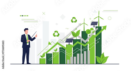 Concept of green energy and sustainable development illustrated with graphs and charts design