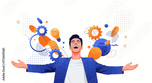Concept Of Joyful Innovation: A Man's Celebration of Creative Ideas and Success