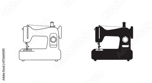 Black and white outlines showcasing a classic sewing machine design