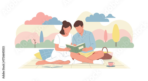 Couple Reading Together on A Picnic Blanket with Scenic Backdrops Enjoying Leisure Time