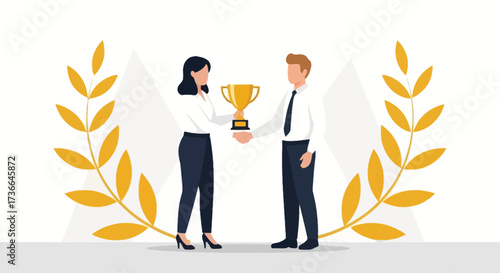 Conceptual Illustration Of Award Ceremony Between Business Associates With Trophy