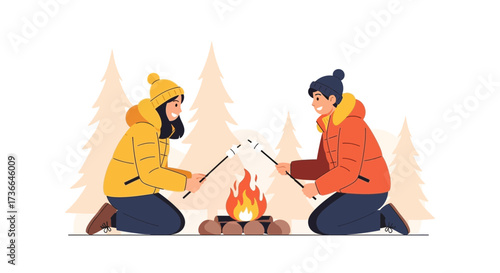 Couple roasting marshmallows over a campfire in the winter forest, enjoying the moment