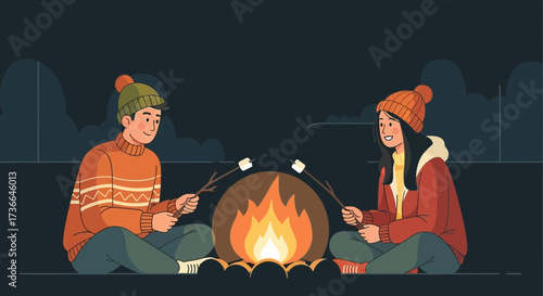 Couple roasting marshmallows over campfire, enjoying a cozy night together outdoors