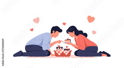 Couple Sharing Cake And Romance Amongst Hearts On A White Background