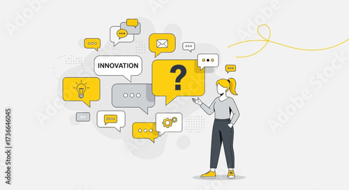 Conceptualizing Ideas: Illustration of a Woman Pondering Over Innovation Questions