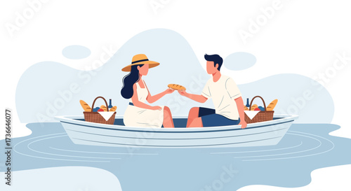 Couple Sharing Food On A Serene Boat Picnic Amidst A Calm Sea