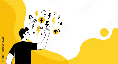 Conceptualizing Innovations: Yellow Illustrated Image of Man Interacting With Lightning