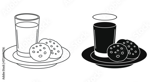 Simple black and white illustration of milk and chocolate with cookies