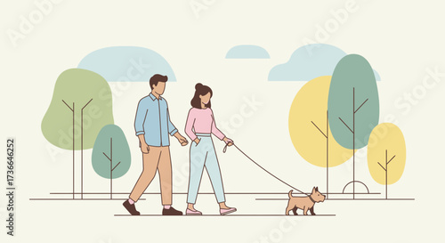 Couple walking their dog in a park illustrated with minimal colors and line art