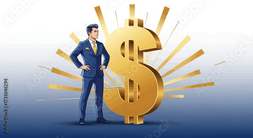 Confident Business Professional Standing Beside Large Golden Dollar Sign Celebrating Achievement