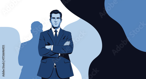Confident businessman standing with crossed arms, illustration in blue and white colors