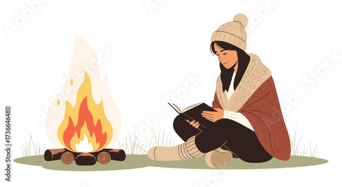 Cozy Illustration of a Person Reading a Book Next to a Campfire on a White Background