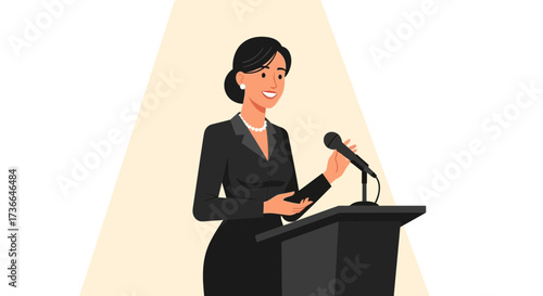 Confident businesswoman giving a speech at a podium, in a vector illustration