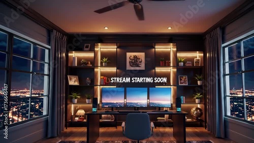 Cozy streamer room with city view and animated “stream starting soon” screen.